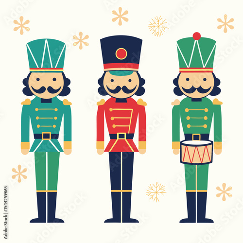 Festive illustration of three colorful cartoon nutcracker soldiers with decorative holiday elements