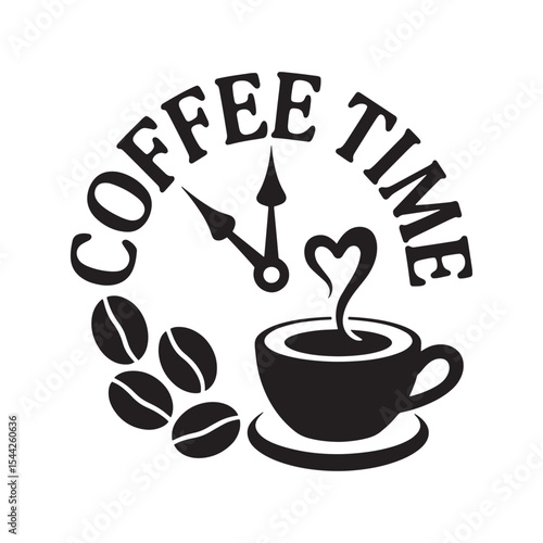 Stylized Coffee Time Illustration with Clock Hands, Coffee Beans, and a Steaming Cup on a White Background