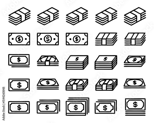 Thin line art icon of a stack of bills isolated on transparent background
