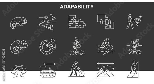 Adaptability concept illustration with chameleon, puzzle, plant and human activity