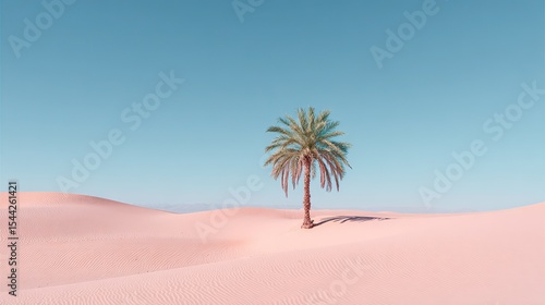 Minimalist photograph of isolated palm tree in pink desert dunes under clear blue sky, with soft textured sand contrasting bright pastel colors, lone figure in vast surroundings.