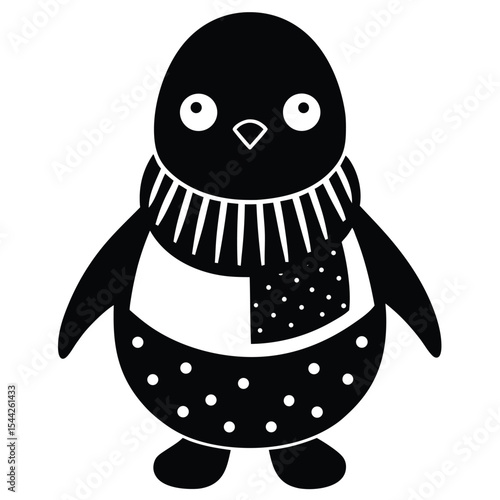 Adorable black and white penguin cartoon character wearing a scarf and patterned belly vector