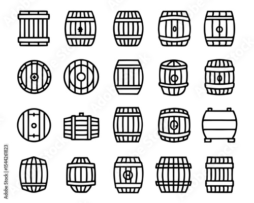 Thin line art wooden barrel icon isolated on transparent background
