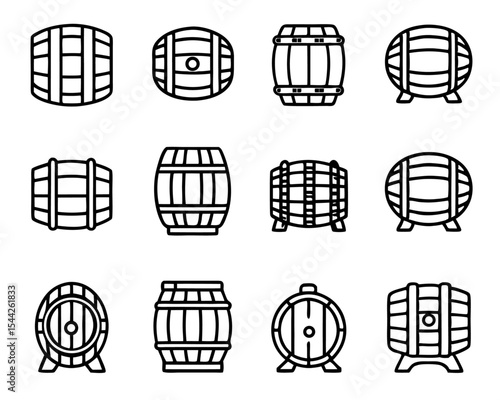Thin line art wooden barrel icon isolated on transparent background