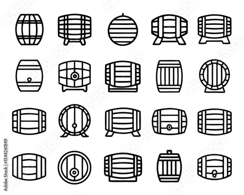Thin line art wooden barrel icon isolated on transparent background