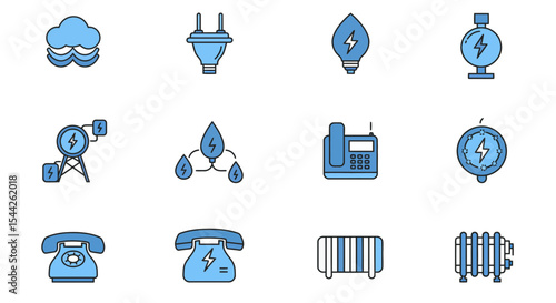 Collection of Utility and Communication Icons Depicting Energy, Water, and Connectivity