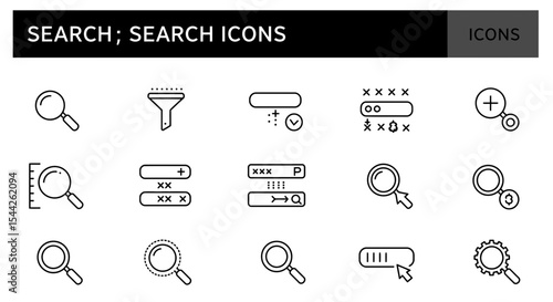 Collection of minimalist search and filtering icons for web and mobile design interfaces