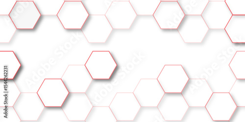 Abstract white background with red hexagons seamless pattern and geometric in vector design. Futuristic blue neon honeycombs. Modern technology design .Minimal style website banner, decoration .