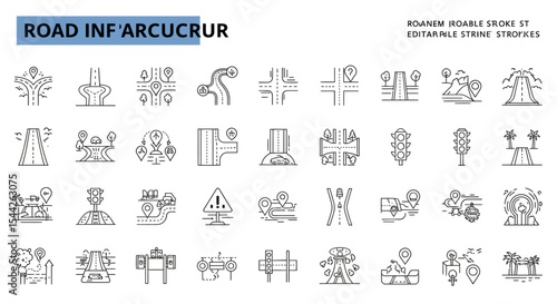 Collection of road and traffic infrastructure elements icons, vector isolated set