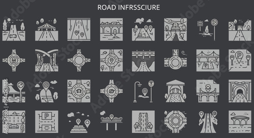 Collection of road infrastructure icons depicting highways, bridges and tunnels