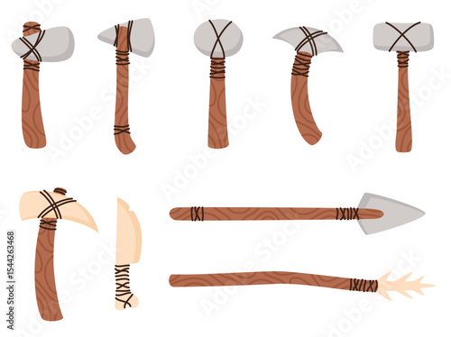Set of ancient stone tools. Axe, spear, hammer, knife. Flat vector illustration.