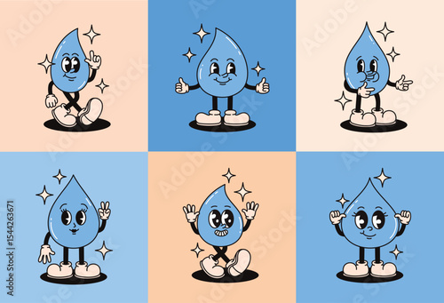 Set of groovy retro raindrop characters. Flat vector illustration.