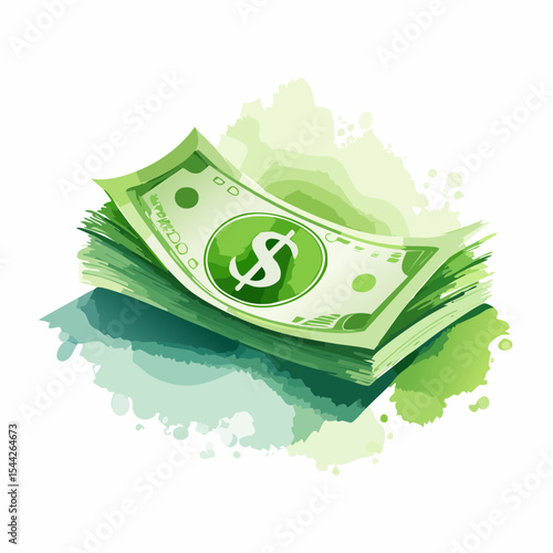 Green Watercolor Illustration of a Stack of Dollar Bills
