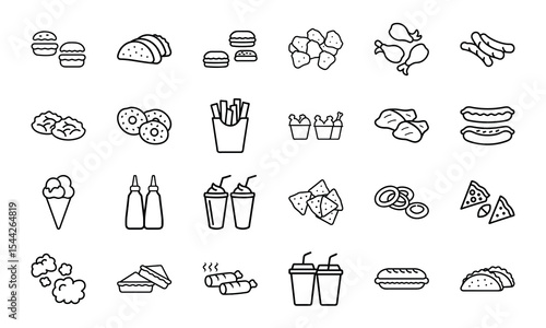 Collection of 24 types of fast food icons in a minimalist line art style