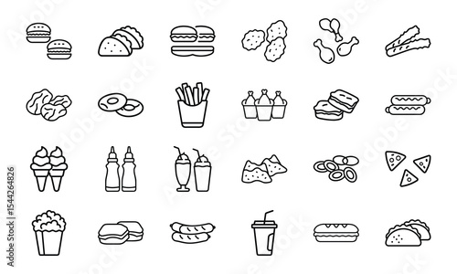 Outline icons representing 24 types of delicious fast food items