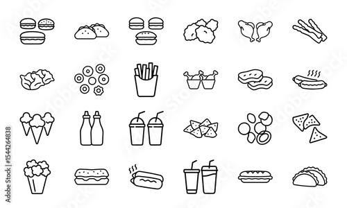 A set of line art icons depicting 24 types of common fast food menu items