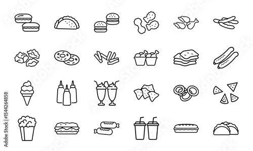Vector illustration of minimalist black and white icons for 24 types of fast food items
