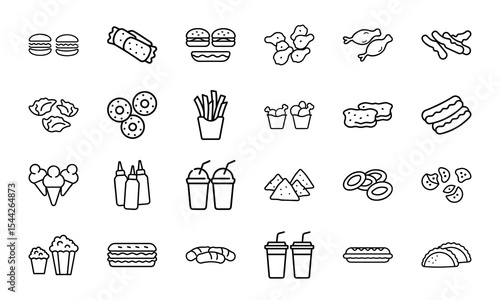 A set of 24 types of fast food icons in a clean black and white outline style