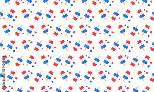  Popsicle seamless pattern. Red and blue white summer decor. Good for 4th of July, memorial day, Columbus day wrapping paper, textile prints, banners, backgrounds.