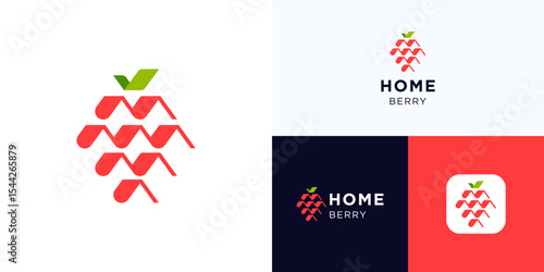 Creative raspberry with house roof concept modern style, logo icon design vector illustration element, Premium symbol fruit with simple red home roof shapes arranged to resemble berry with green leaf