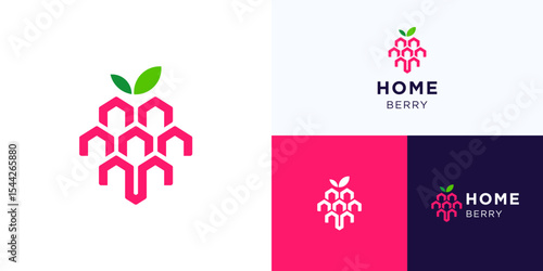 Creative raspberry house building with monoline concept modern style, logo icon design vector illustration, Fruit symbol with home roof construction shapes arranged to resemble berry with green leaf