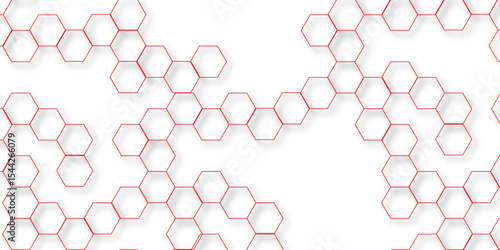 Abstract white background with red hexagons seamless pattern and geometric in vector design. Futuristic blue neon honeycombs. Modern technology design .Minimal style website banner, decoration .