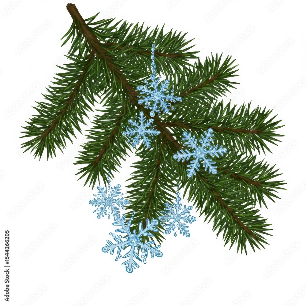 Green Pine Branch with Light Blue Snowflakes Green Pine Branch with Light Blue Snowflakes