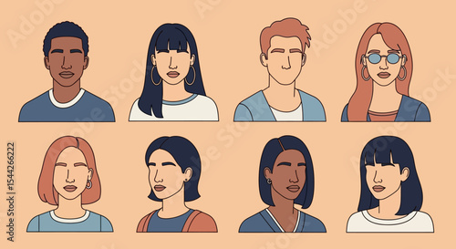 Diverse Illustrated Portraits: Collection of Eight Minimalist Faces