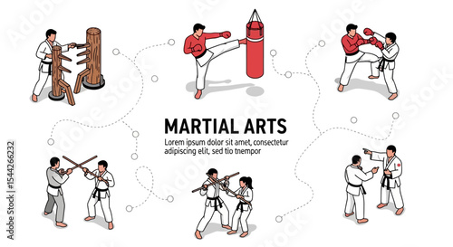 Diverse Martial Arts Training Illustrations,  Fighting Styles and Techniques