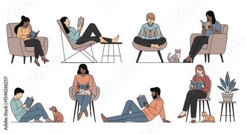 Diverse People Relaxing, Reading Books in Armchairs and on Floor, with Pets