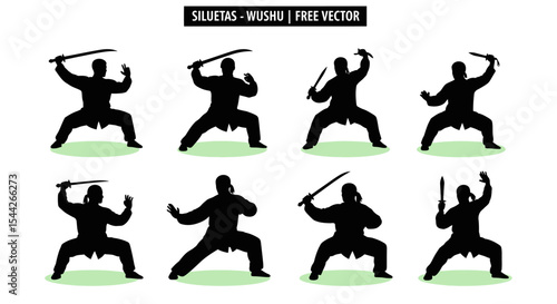 Eight Silhouettes of Wushu Martial Artists in Dynamic Poses with Swords and Daggers