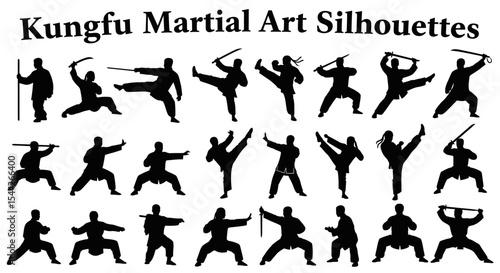 Kung Fu Martial Arts Silhouettes Collection in Dynamic Poses with Weapons