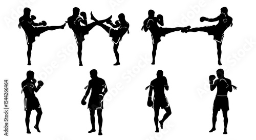 Six Silhouettes of Muay Thai Fighters in Dynamic Poses, showcasing striking techniques and stances.