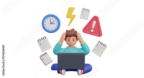 Stressed 3D Cartoon Man Overwhelmed by Work, Deadlines, and To-Do Lists