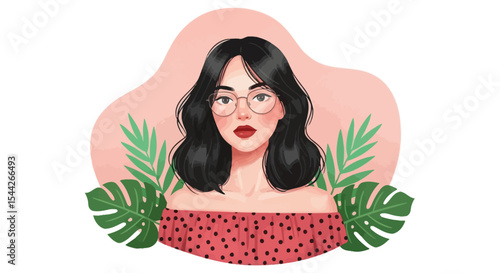 Stylish Woman in Red Polka Dot Top with Glasses,  Surrounded by Tropical Leaves