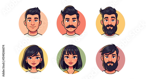 Cartoon Portraits: Diverse Faces in Circular Frames, Vector Illustration