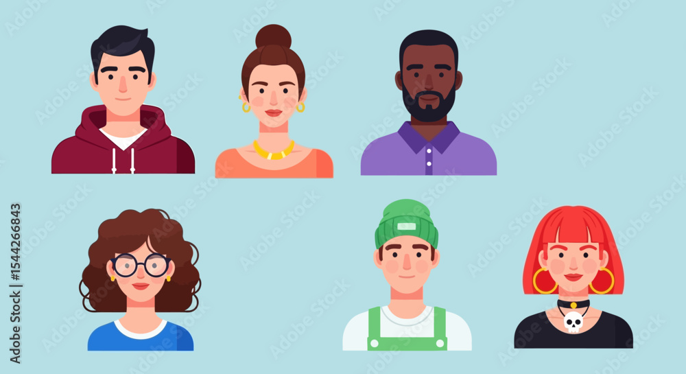 Diverse Group of Cartoon Avatars with Various Hairstyles and Outfits Diverse Group of Cartoon Avatars with Various Hairstyles and Outfits