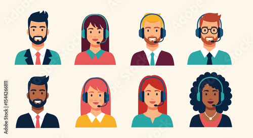 Diverse Customer Service Representatives Wearing Headsets, Smiling, Vector Illustration