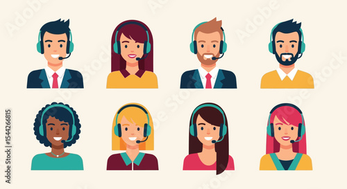 Diverse Customer Service Representatives Wearing Headphones and Smiling