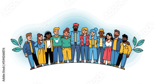 Diverse Group of Friends Standing Together, Embracing, Smiling, and United.