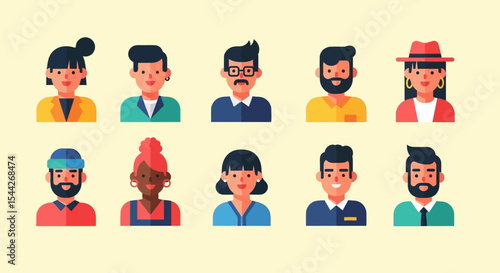 Ten Diverse Flat-Style Character Icons: Smiling Men and Women with Varied Hairstyles, Attire, and Accessories