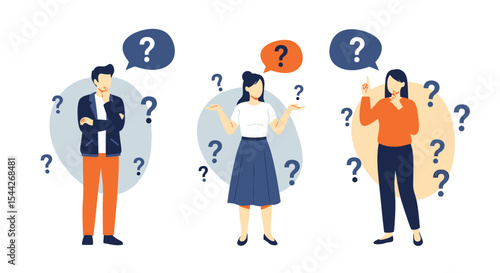 Three People Surrounded by Question Marks, Contemplating and Pondering, Illustrated in Flat Design Style