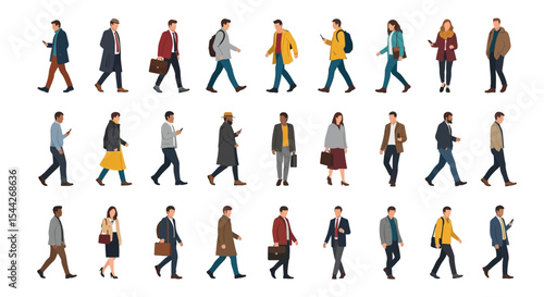 Diverse Group of People Walking in Various Styles and Attire, Isolated