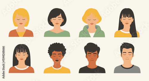 Diverse Group of People with Closed Eyes, Vector Illustration