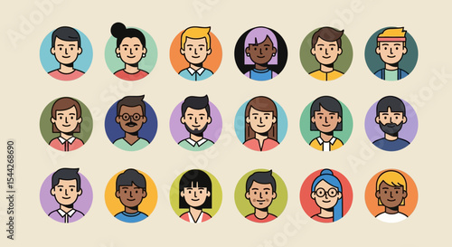 Diverse Set of 16 Colorful Flat-Style Character Icons: Smiling Men and Women with Varied Hairstyles and Skin Tones
