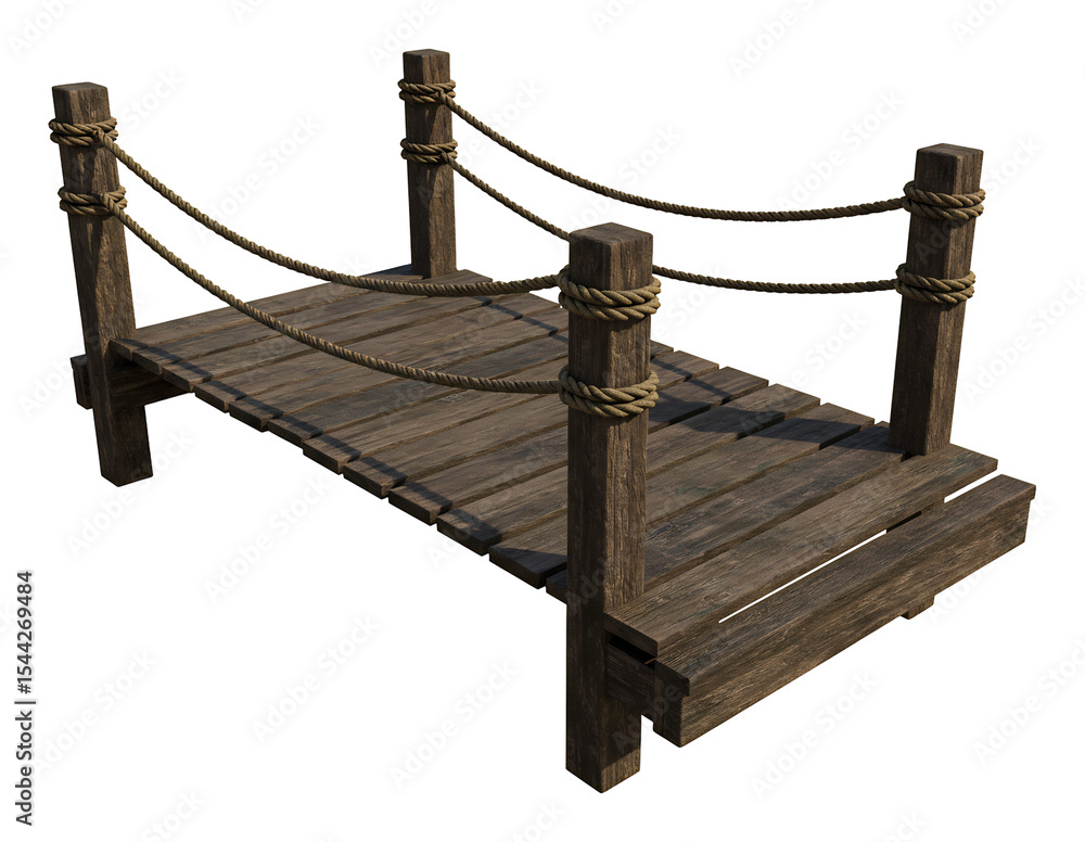 Obraz premium 古風な木製の小橋 頑丈なロープ付き 静かに揺れる