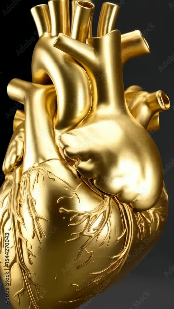 Golden anatomical heart with veins, arteries, and detailed structure isolated on a dark gray background for medical illustration concepts Golden anatomical heart with veins, arteries, and detailed structure isolated on a dark gray background for medical illustration concepts