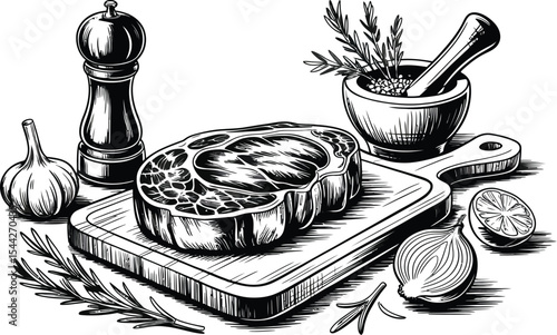 Illustration of steak with herbs and spices on a wooden cutting board