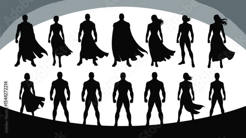 Silhouettes of superheroes standing in various poses with capes flowing