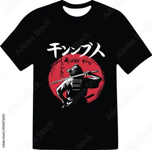 Black T-Shirt Featuring a Samurai Warrior with Japanese Text and Red Sun